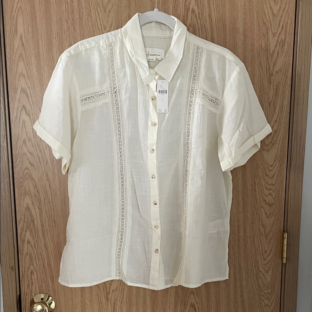 Cream Short Sleeve Button-Up Shirt by Anthropologie